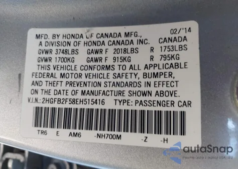 2014 Honda Civic Lx из США, поврежденный, VIN 2HGFB2F58EH515416